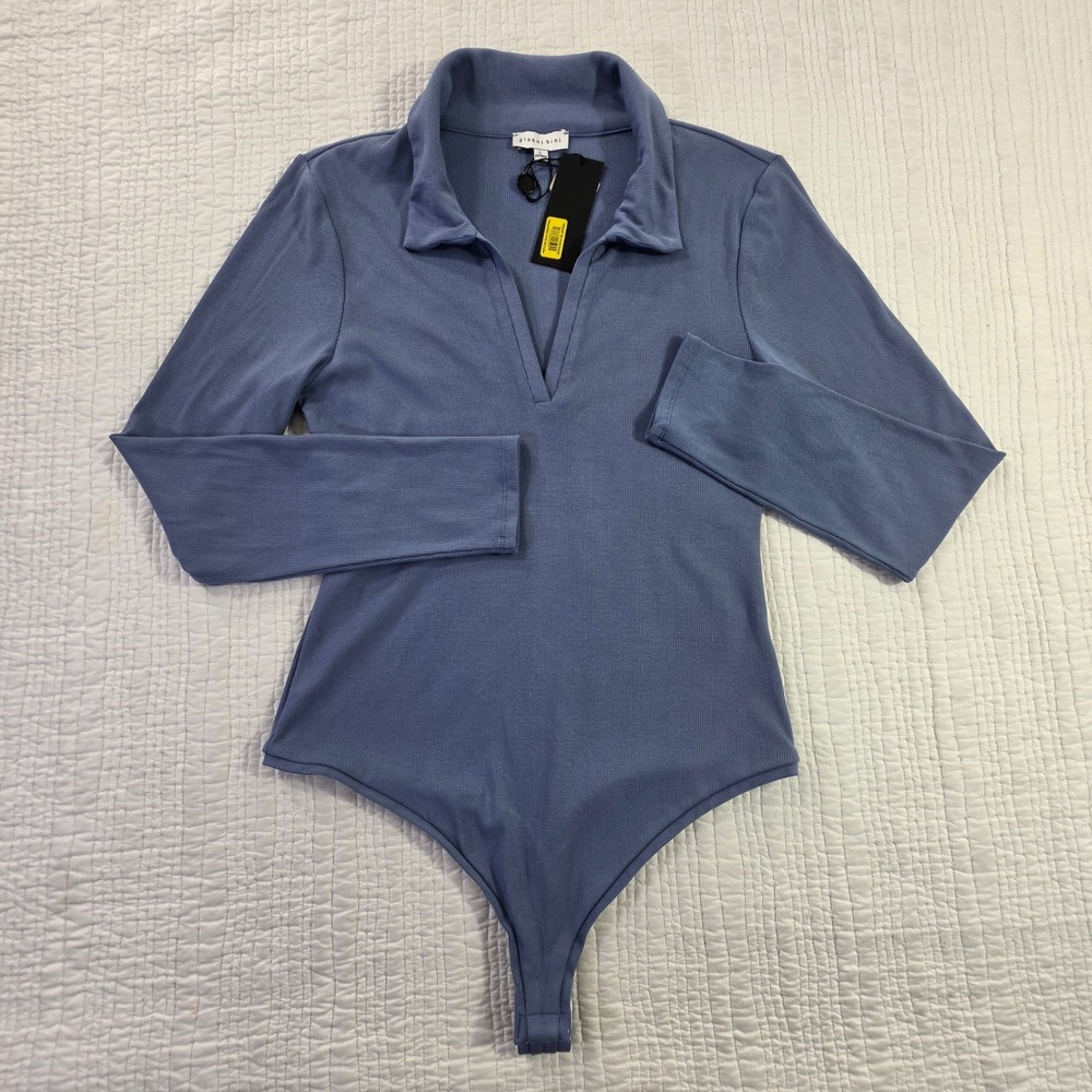 Gianni Bini Womens Blue Ribbed Long Sleeve Polo V-Neck Bodysuit Size Large NWT L